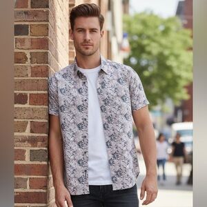7 Diamonds 4-Way Stretch Shirt Mens S Short Sleeve Gray Floral Morning Rise